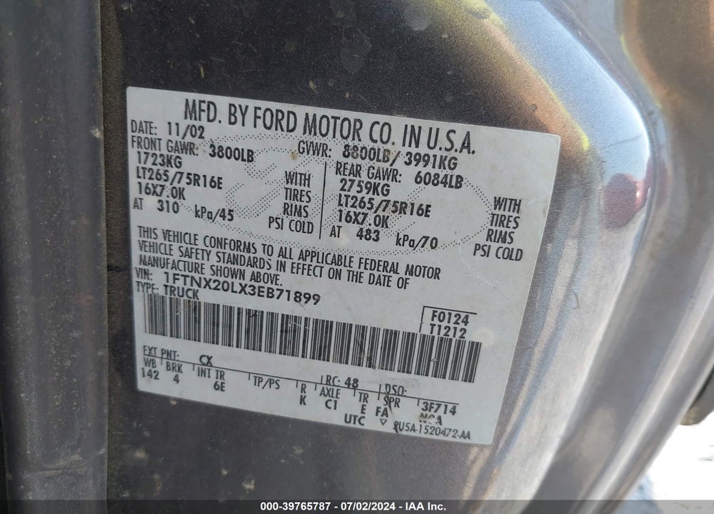 2003 FORD F-250 LARIAT/XL/XLT VIN: 1FTNX20LX3EB71899