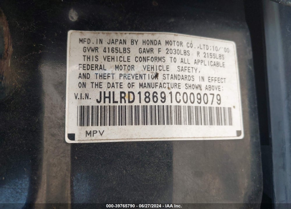 2001 HONDA CR-V EX VIN: JHLRD18691C009079