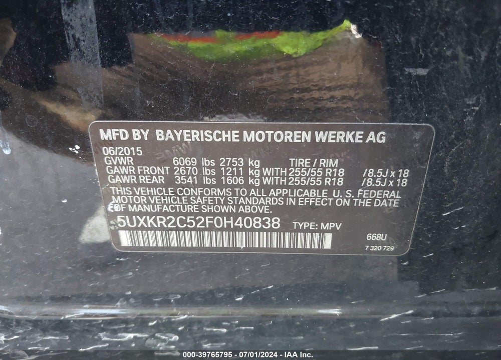 2015 BMW X5 SDRIVE35I VIN: 5UXKR2C52F0H40838