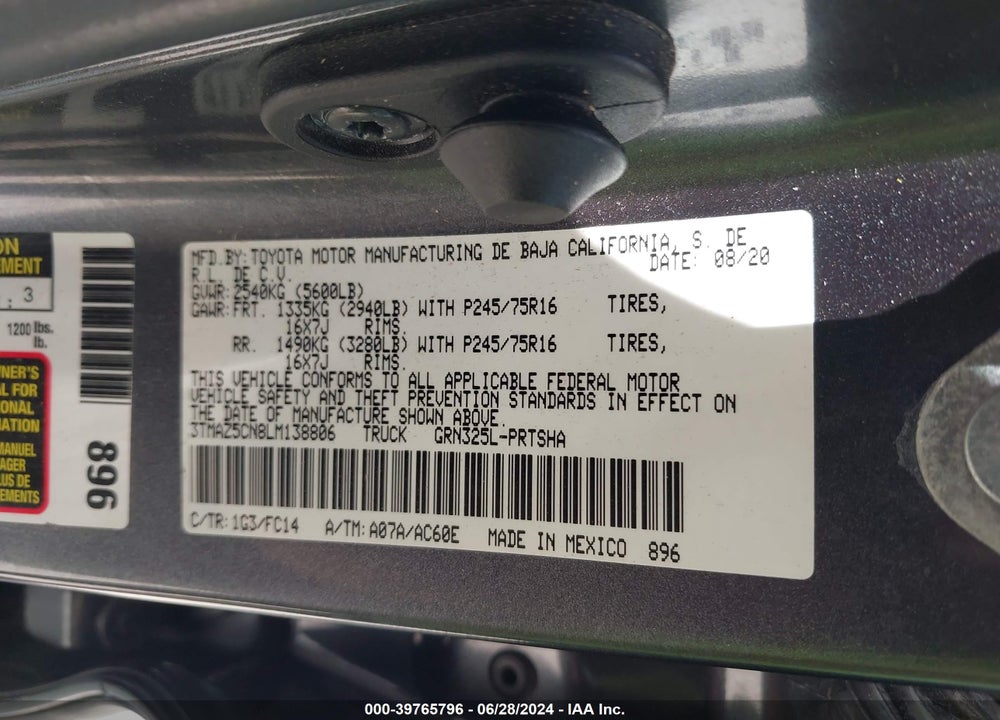 2020 TOYOTA TACOMA VIN: 3TMAZ5CN8LM138806