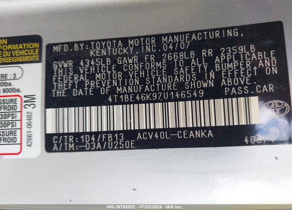 2007 TOYOTA CAMRY LE VIN: 4T1BE46K97U146549