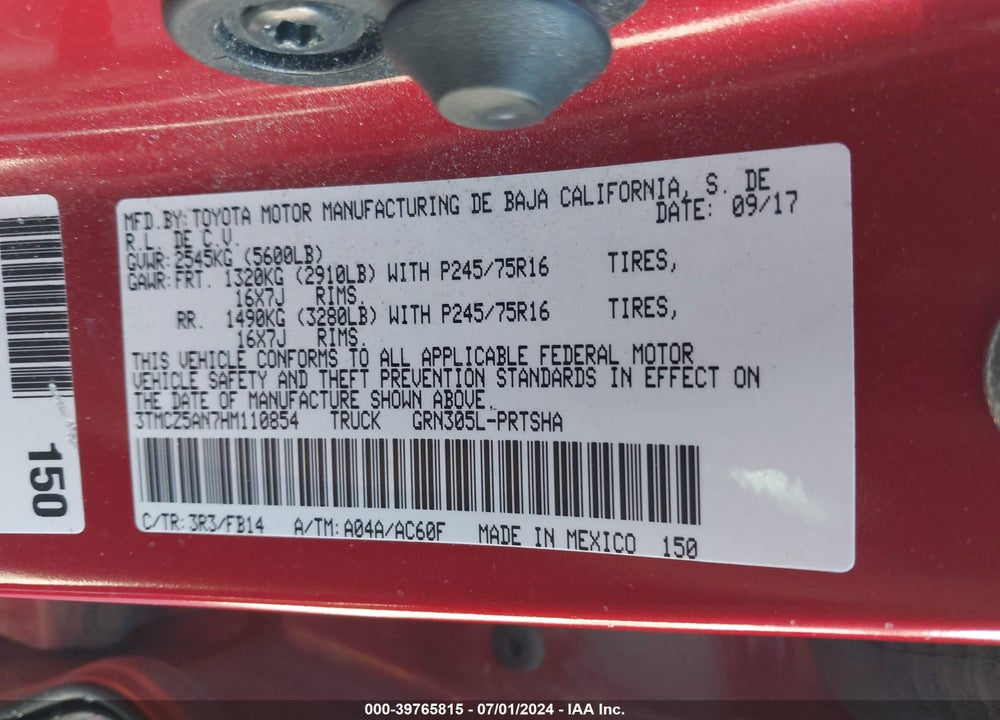 2017 TOYOTA TACOMA SR V6 VIN: 3TMCZ5AN7HM110854