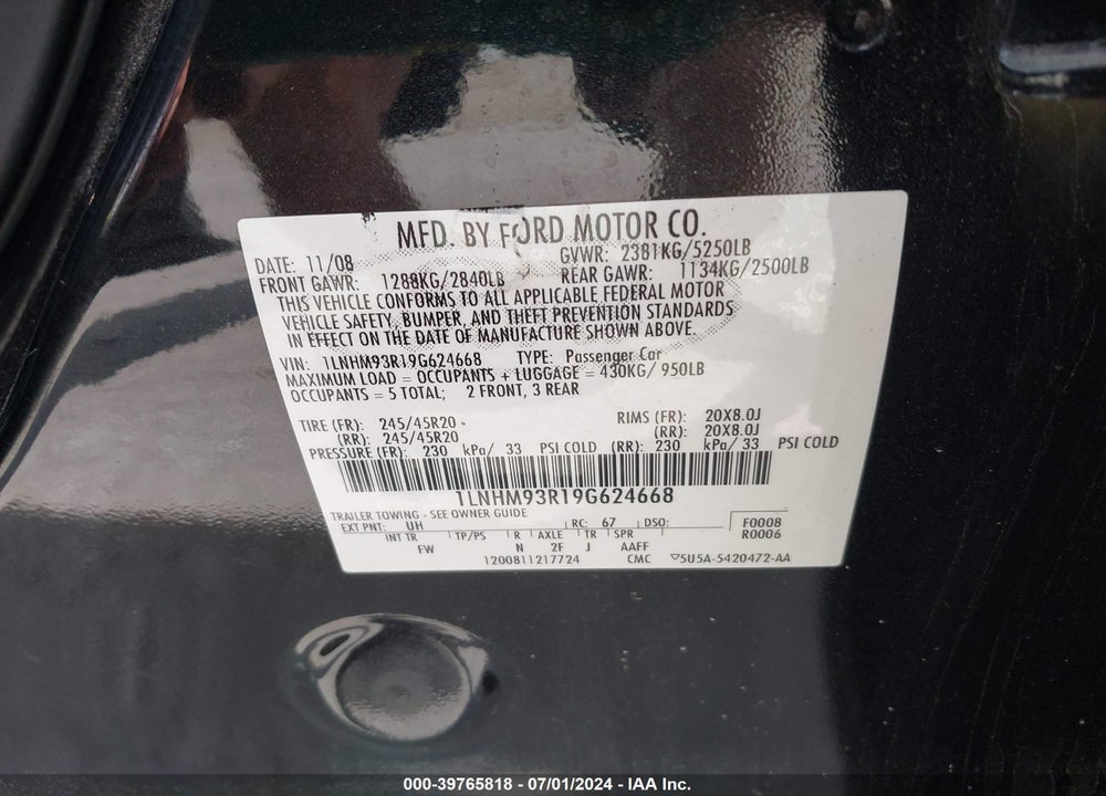 2009 LINCOLN MKS VIN: 1LNHM93R19G624668