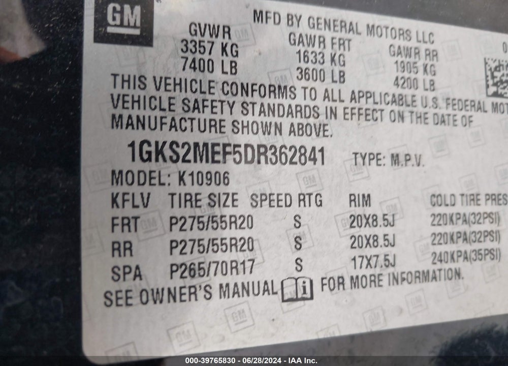 2013 GMC YUKON XL 1500 DENALI VIN: 1GKS2MEF5DR362841