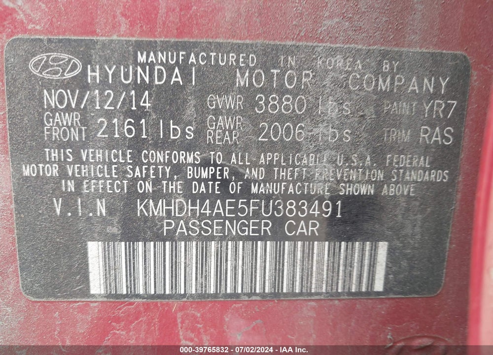 2015 HYUNDAI ELANTRA SE VIN: KMHDH4AE5FU383491