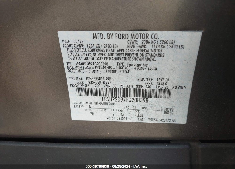 2015 FORD TAURUS VIN: 1FAHP2D97FG208398