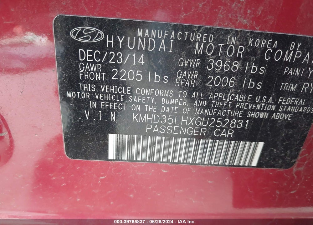 2016 HYUNDAI ELANTRA GT VIN: KMHD35LHXGU252831