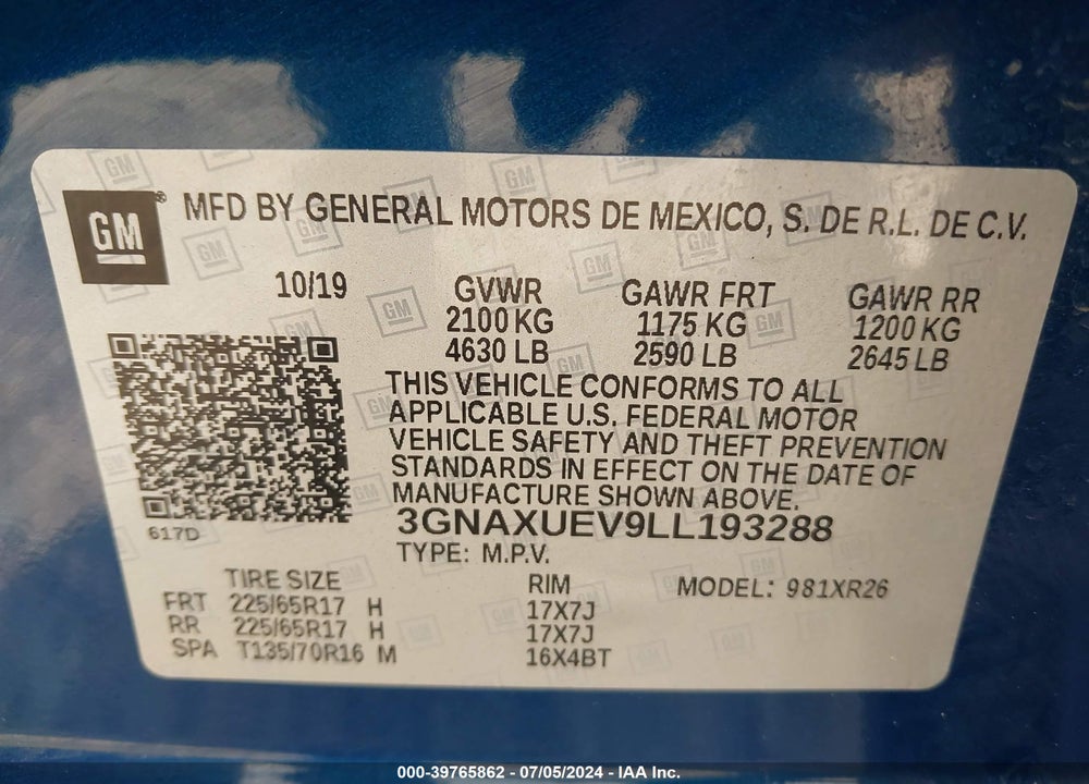 2020 CHEVROLET EQUINOX AWD LT 1.5L TURBO VIN: 3GNAXUEV9LL193288