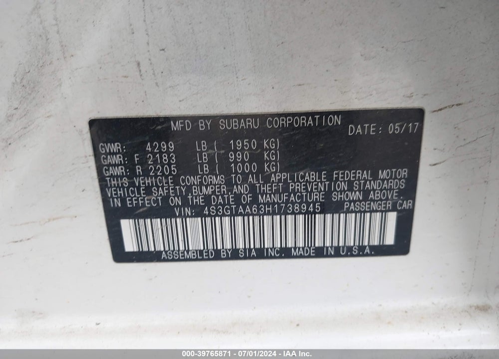 2017 SUBARU IMPREZA 2.0I VIN: 4S3GTAA63H1738945