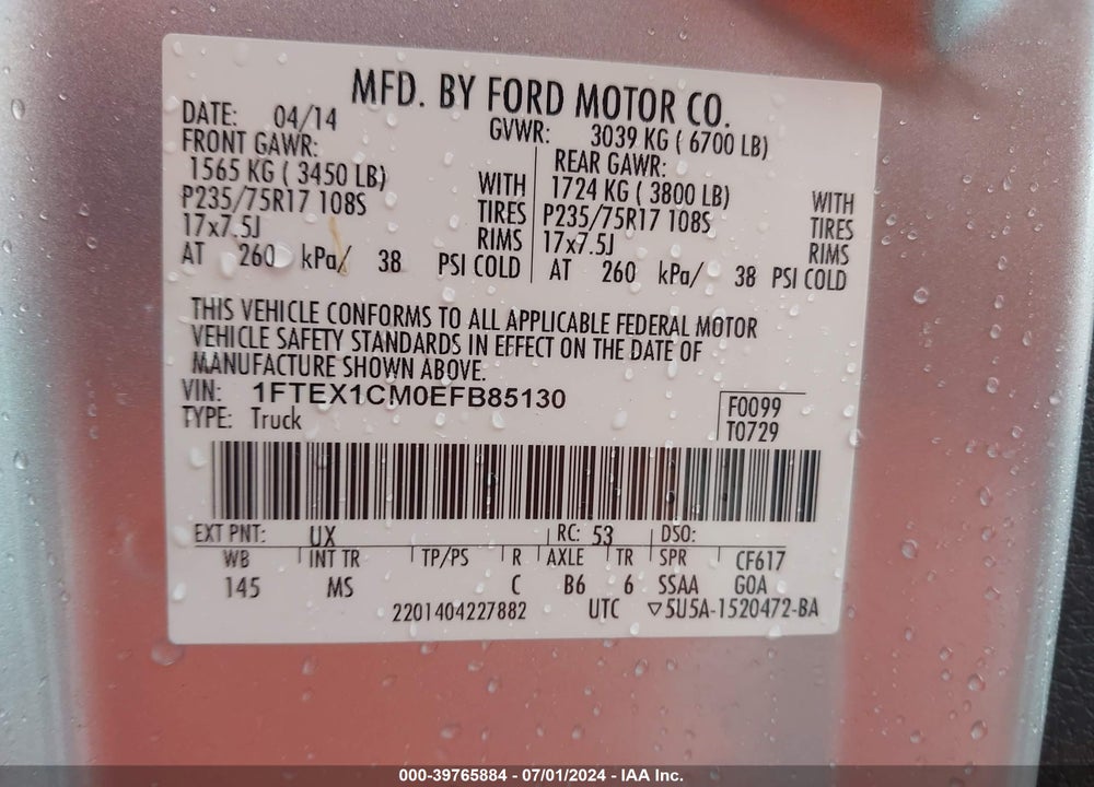 2014 FORD F-150 VIN: 1FTEX1CM0EFB85130