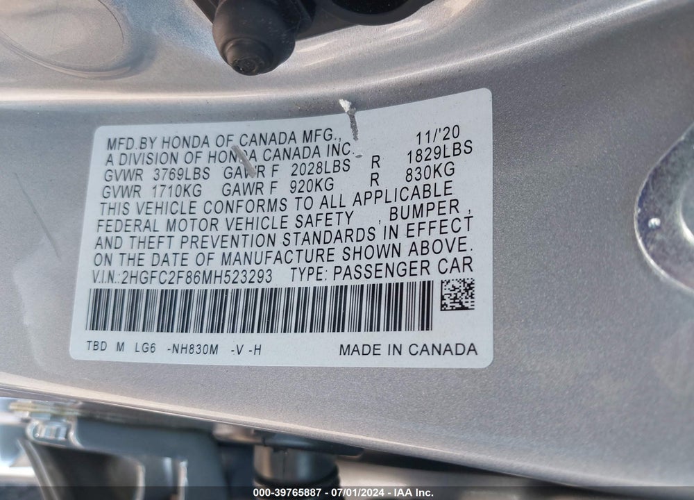 2021 HONDA CIVIC SPORT VIN: 2HGFC2F86MH523293