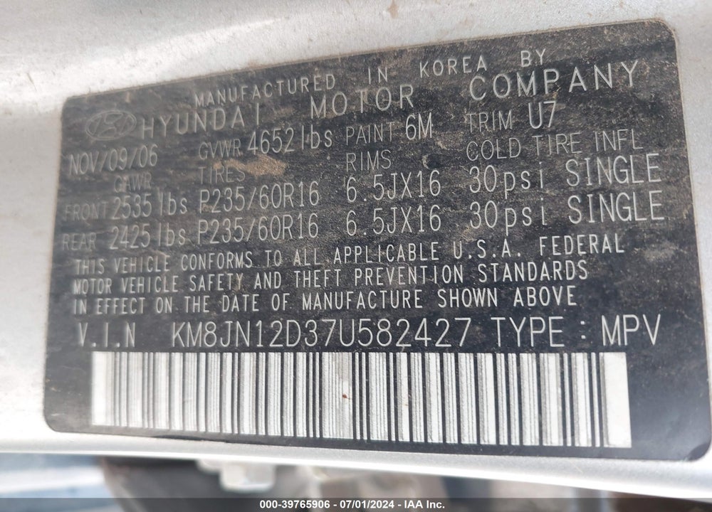2007 HYUNDAI TUCSON LIMITED/SE VIN: KM8JN12D37U582427