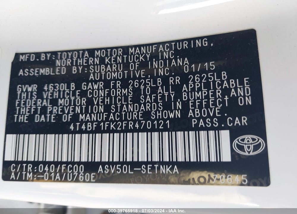 2015 TOYOTA CAMRY LE VIN: 4T4BF1FK2FR470121