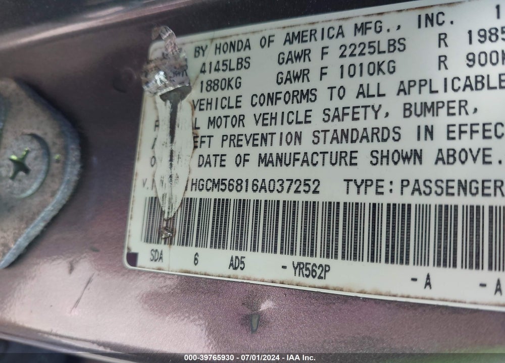 2006 HONDA ACCORD 2.4 EX VIN: 1HGCM56816A037252