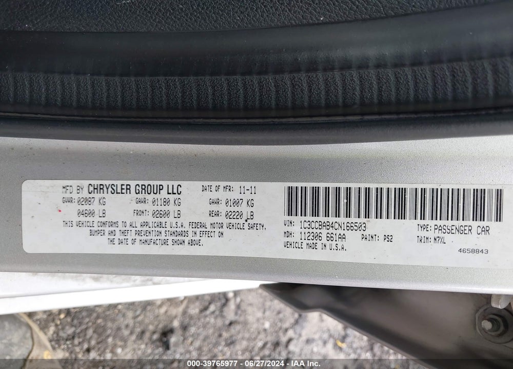 2012 CHRYSLER 200 LX VIN: 1C3CCBAB4CN166503