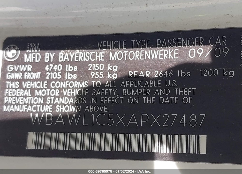 2010 BMW 328I VIN: WBAWL1C5XAPX27487