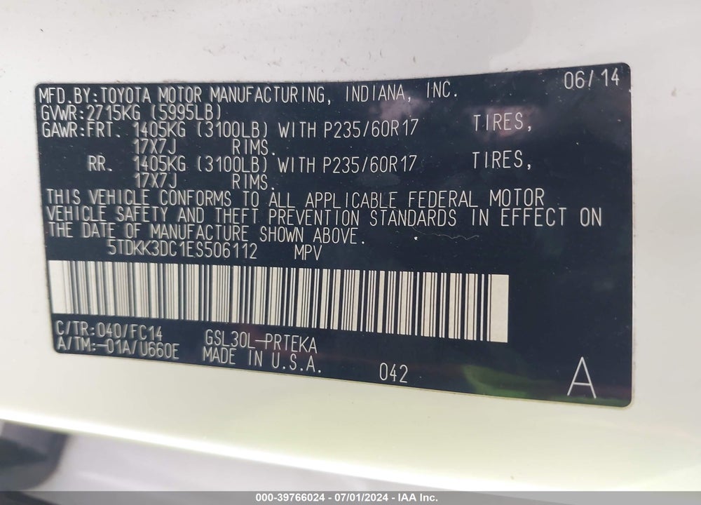 2014 TOYOTA SIENNA LE V6 8 PASSENGER VIN: 5TDKK3DC1ES506112