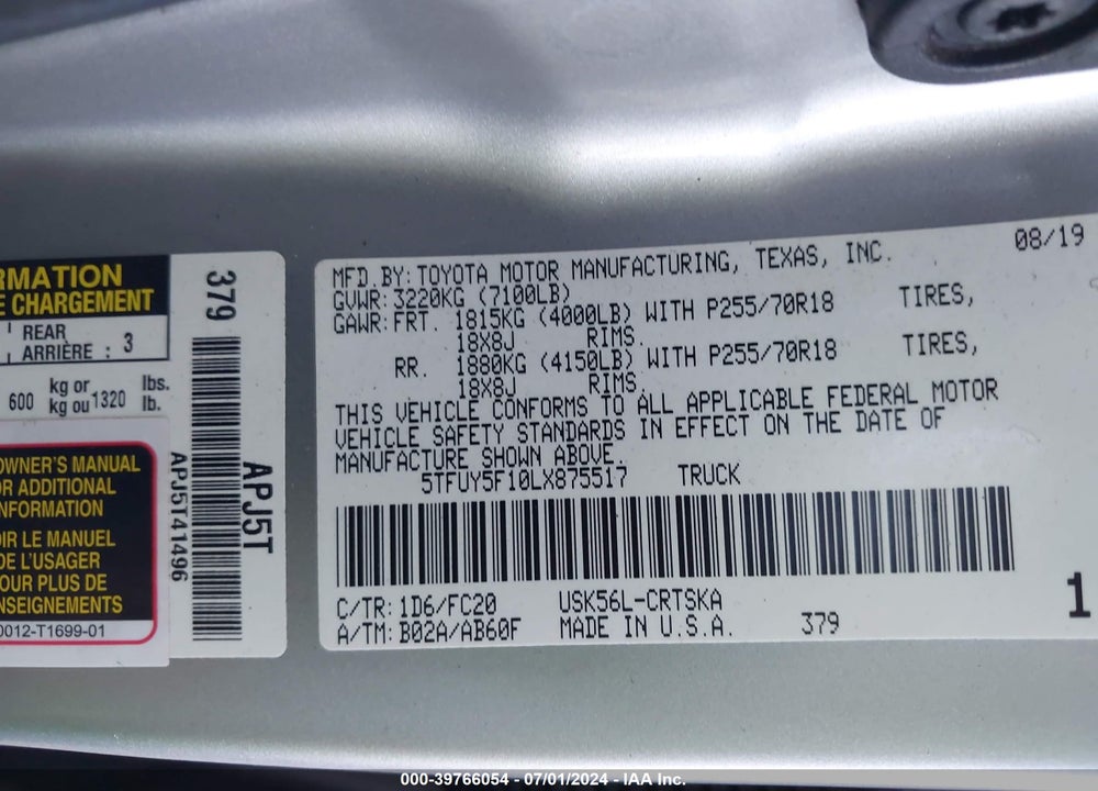 2020 TOYOTA TUNDRA SR5 VIN: 5TFUY5F10LX875517