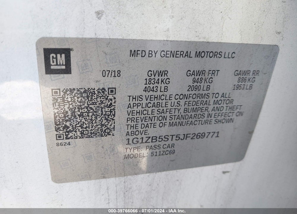 2018 CHEVROLET MALIBU 1LS VIN: 1G1ZB5ST5JF269771
