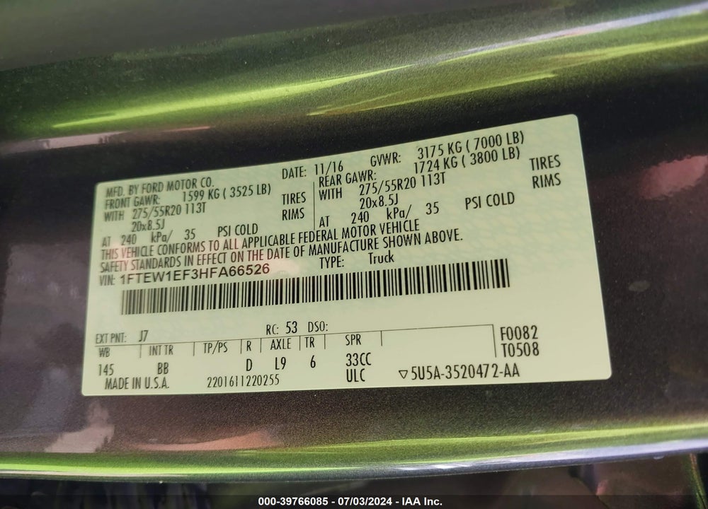 2017 FORD F-150 PLATINUM VIN: 1FTEW1EF3HFA66526