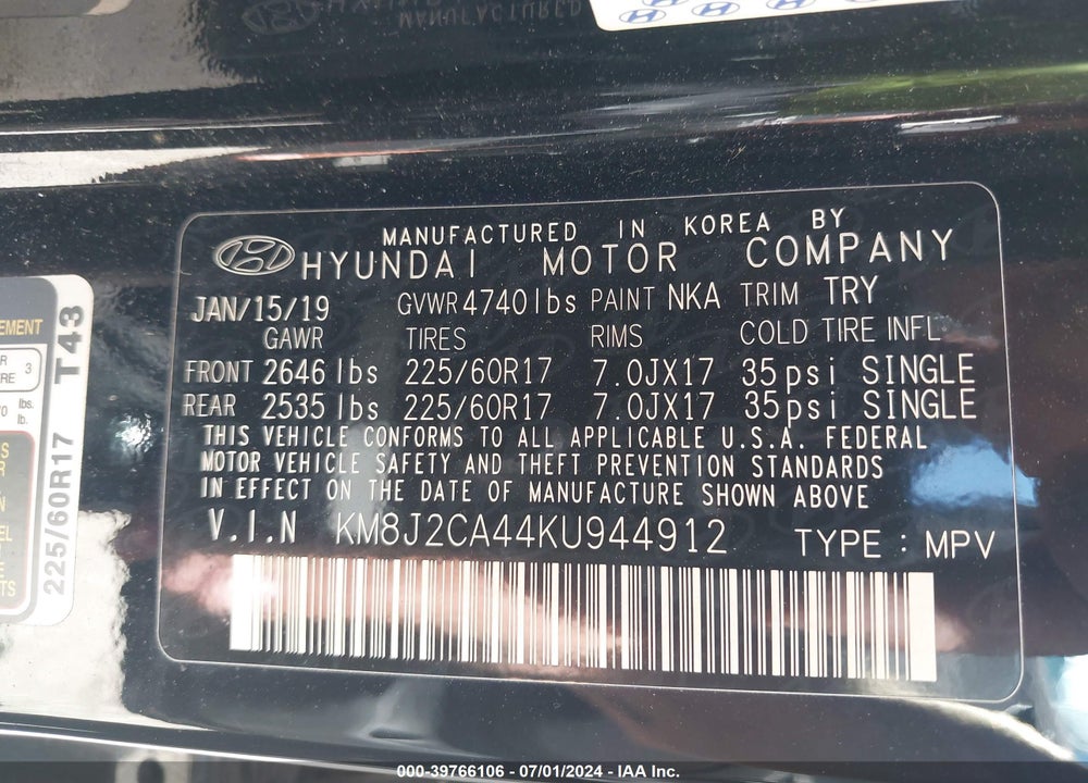 2019 HYUNDAI TUCSON SE VIN: KM8J2CA44KU944912