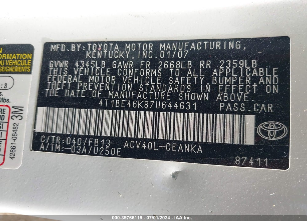 2007 TOYOTA CAMRY LE VIN: 4T1BE46K87U644631