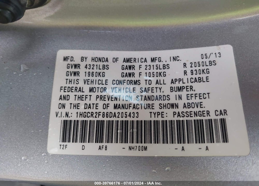 2013 HONDA ACCORD EX-L VIN: 1HGCR2F86DA205433