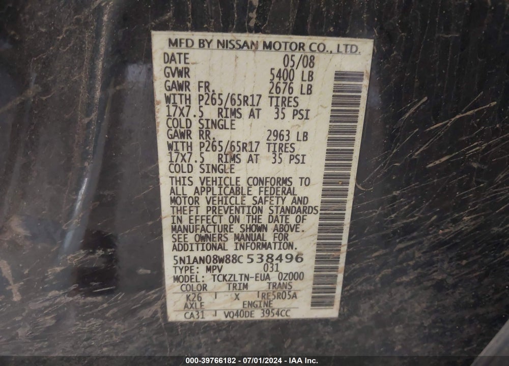 2008 NISSAN XTERRA VIN: 5N1AN08W88C538496