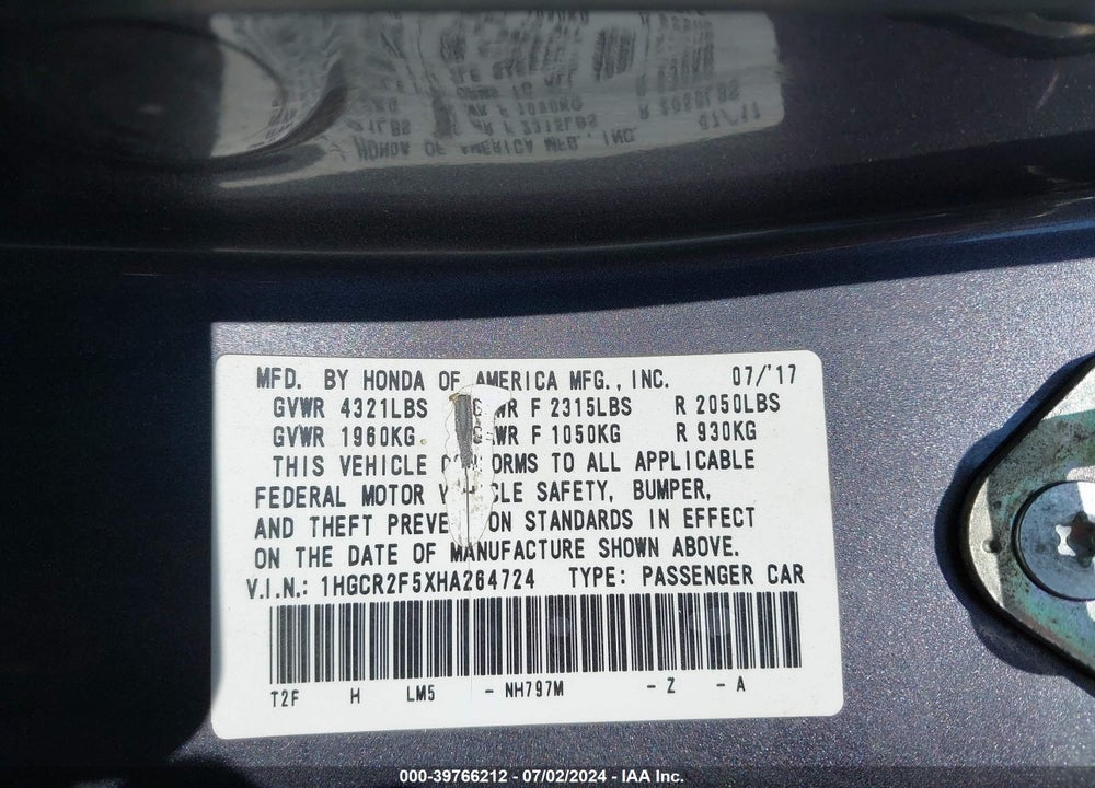2017 HONDA ACCORD SPORT VIN: 1HGCR2F5XHA264724