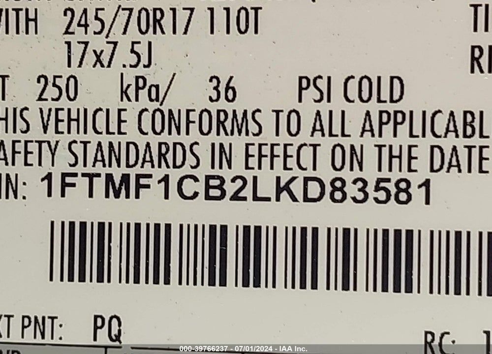 2020 FORD F-150 XL VIN: 1FTMF1CB2LKD83581