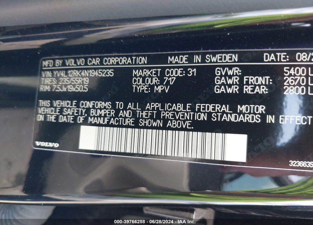 2022 VOLVO XC60 B5 MOMENTUM VIN: YV4L12RK4N1945235