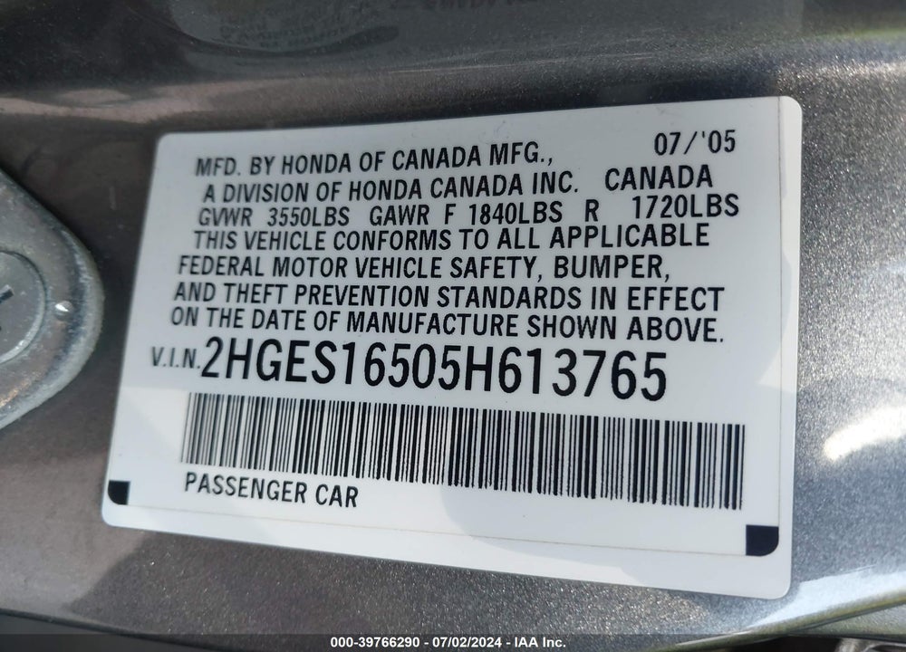 2005 HONDA CIVIC LX VIN: 2HGES16505H613765