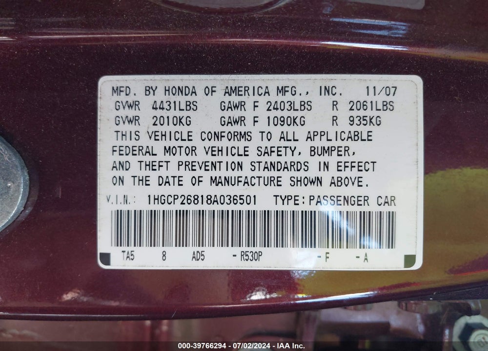 2008 HONDA ACCORD 2.4 EX-L VIN: 1HGCP26818A036501