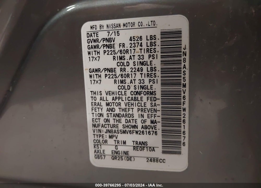 2015 NISSAN ROGUE SELECT S VIN: JN8AS5MV6FW261676