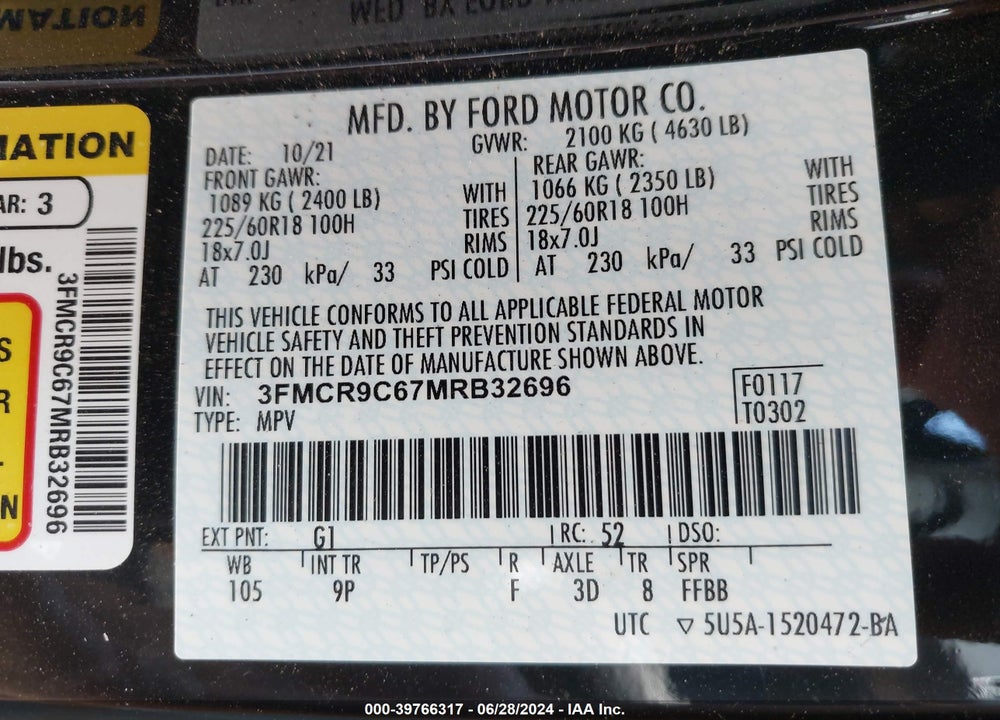 2021 FORD BRONCO SPORT OUTER BANKS VIN: 3FMCR9C67MRB32696
