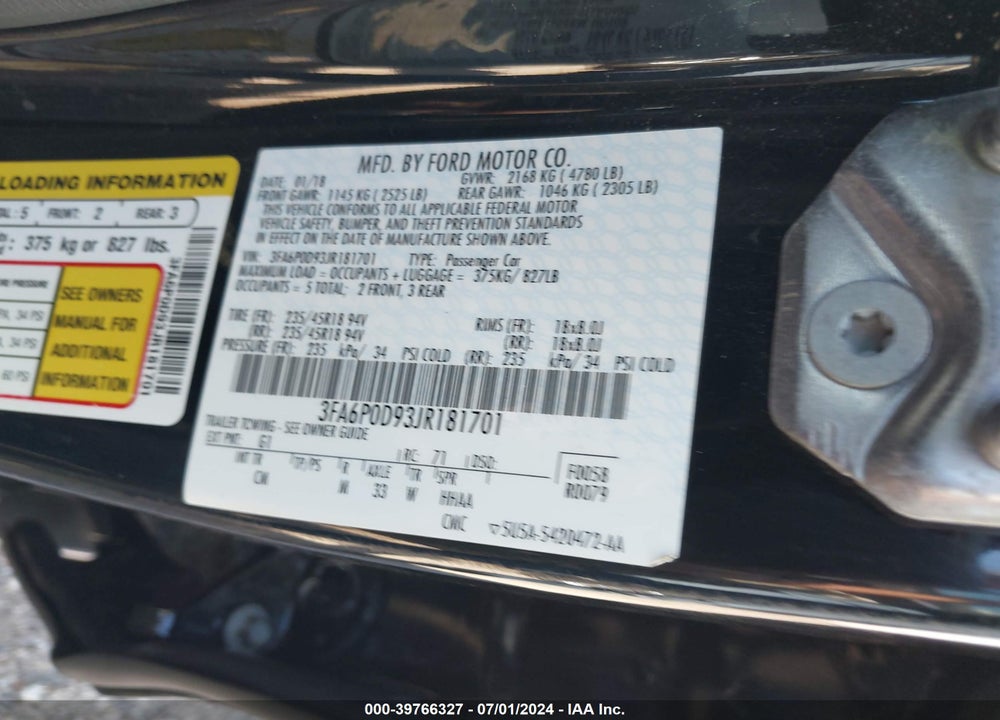 2018 FORD FUSION TITANIUM VIN: 3FA6P0D93JR181701