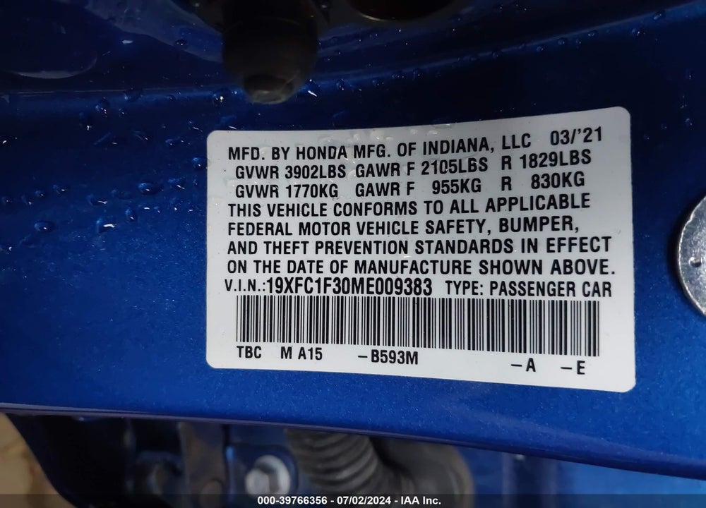 2021 HONDA CIVIC EX VIN: 19XFC1F30ME009383