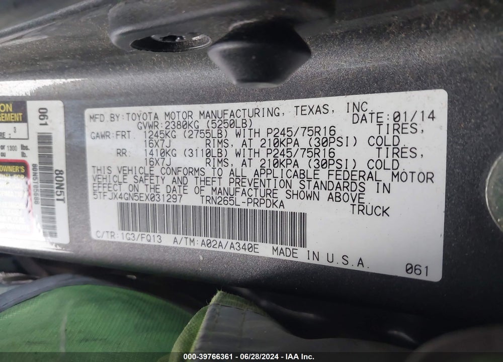 2014 TOYOTA TACOMA PRERUNNER VIN: 5TFJX4GN5EX031297