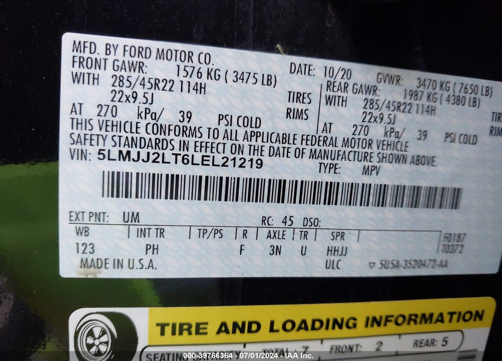 2020 LINCOLN NAVIGATOR RESERVE VIN: 5LMJJ2LT6LEL21219