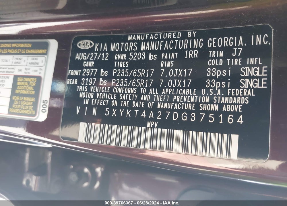 2013 KIA SORENTO LX V6 VIN: 5XYKT4A27DG375164