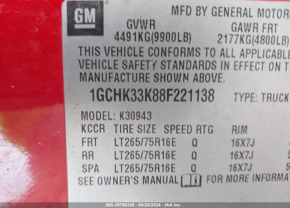 2008 CHEVROLET SILVERADO 3500HD WORK TRUCK VIN: 1GCHK33K88F221138