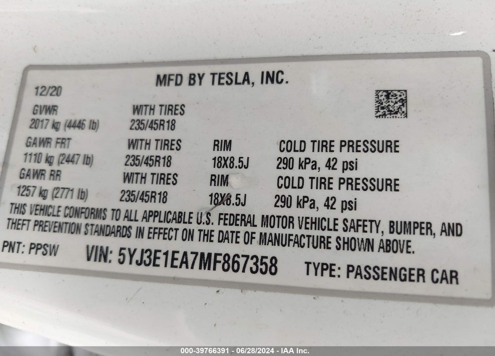 2021 TESLA MODEL 3 STANDARD RANGE PLUS REAR-WHEEL DRIVE VIN: 5YJ3E1EA7MF867358