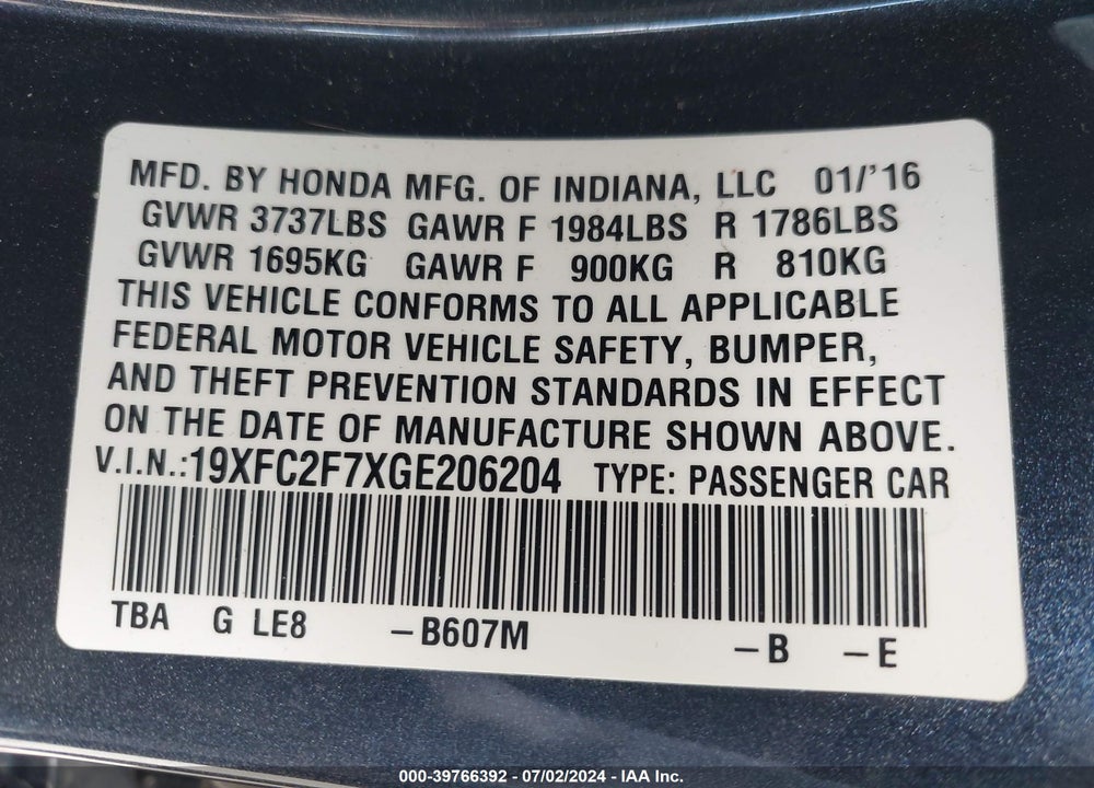 2016 HONDA CIVIC EX VIN: 19XFC2F7XGE206204