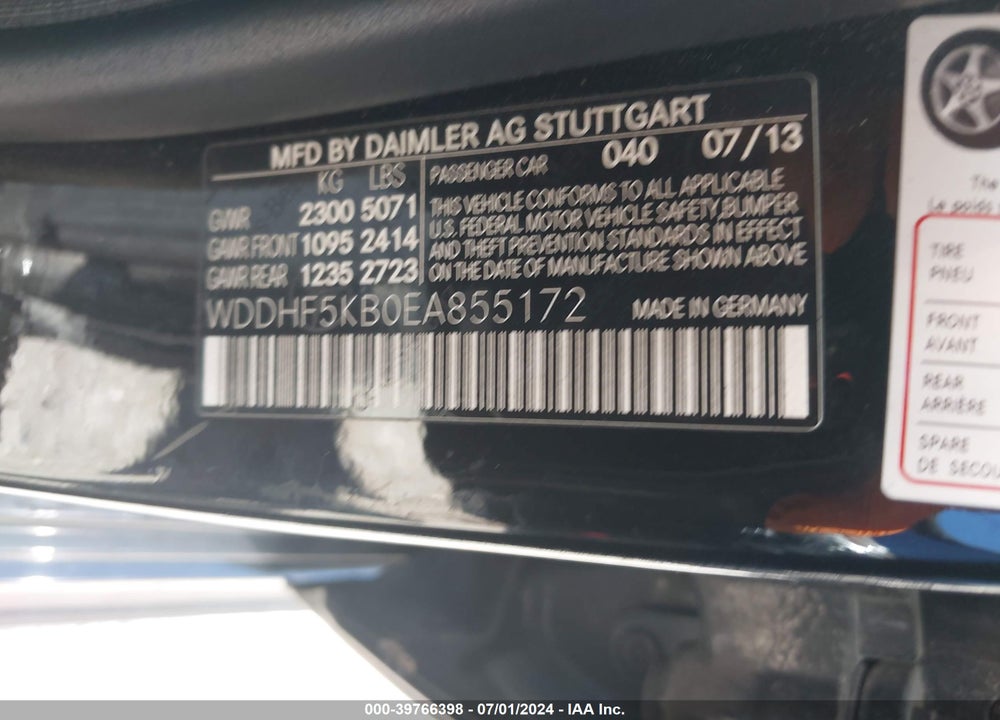 2014 MERCEDES-BENZ E 350 VIN: WDDHF5KB0EA855172