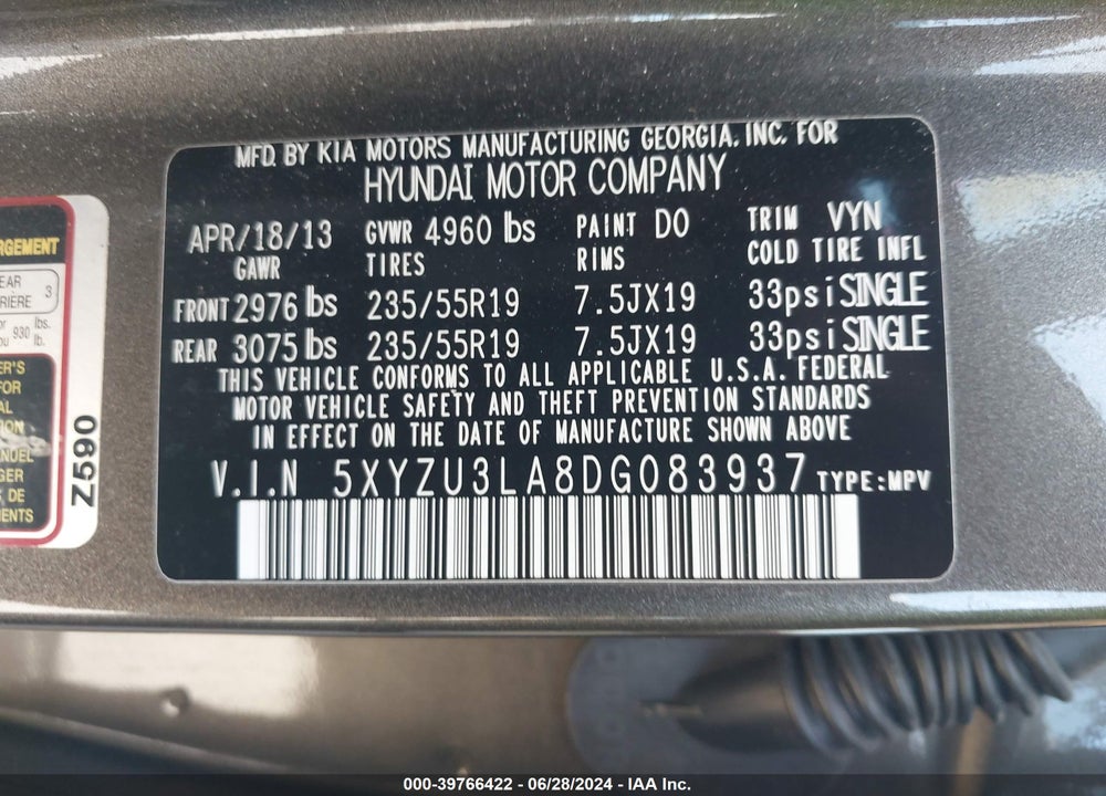 2013 HYUNDAI SANTA FE SPORT 2.0T VIN: 5XYZU3LA8DG083937