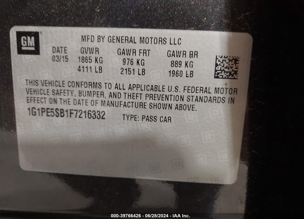 2015 CHEVROLET CRUZE 2LT AUTO VIN: 1G1PE5SB1F7216332