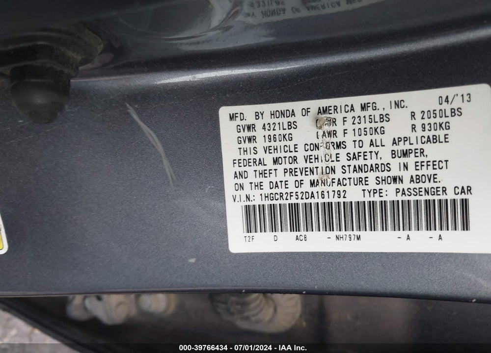 2013 HONDA ACCORD SPORT VIN: 1HGCR2F52DA161792
