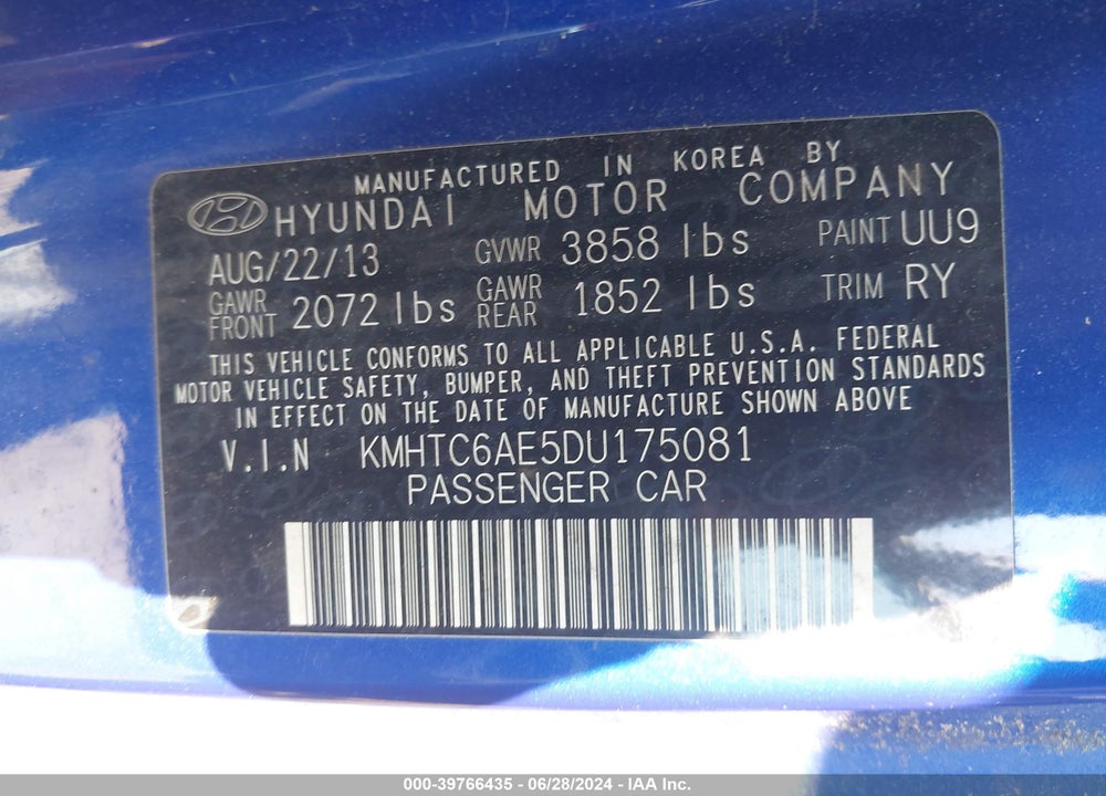 2013 HYUNDAI VELOSTER TURBO W/BLACK VIN: KMHTC6AE5DU175081