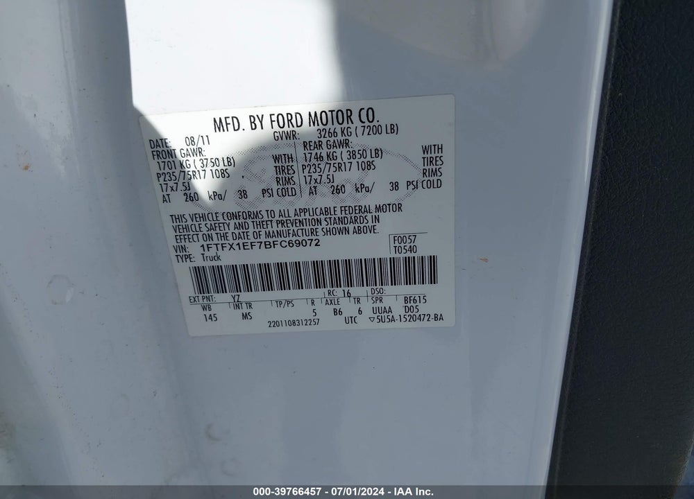 2011 FORD F-150 XLT VIN: 1FTFX1EF7BFC69072