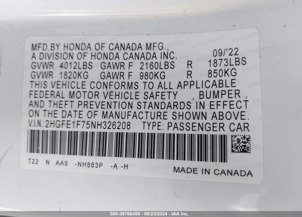 2022 HONDA CIVIC EX VIN: 2HGFE1F75NH326208